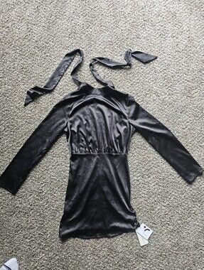 Commense satin long sleeve mini dress featu Tie-Neck Dress